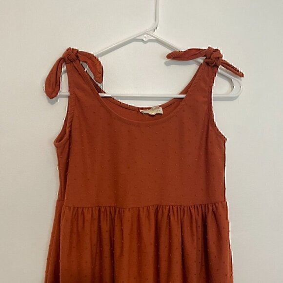 SEE YOU MONDAY Burnt Orange Swiss Dot Tie Shoulder Strap Mini Fit & Flare Dress - Picture 2 of 12